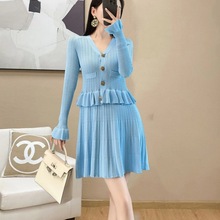 欧美法式秋冬速卖通新款时尚女装裙子 优雅长袖V领针织毛衣连衣裙