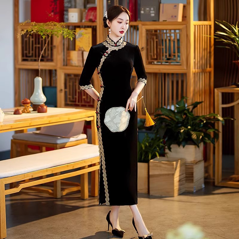 黑色金絲絨國風新中式長款改良旗袍2024新款女復古長袖走秀春秋裝