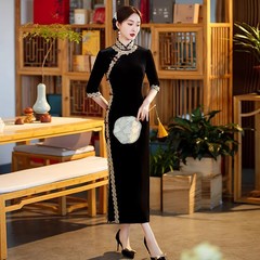 黑色金絲絨國風新中式長款改良旗袍2024新款女復古長袖走秀春秋裝