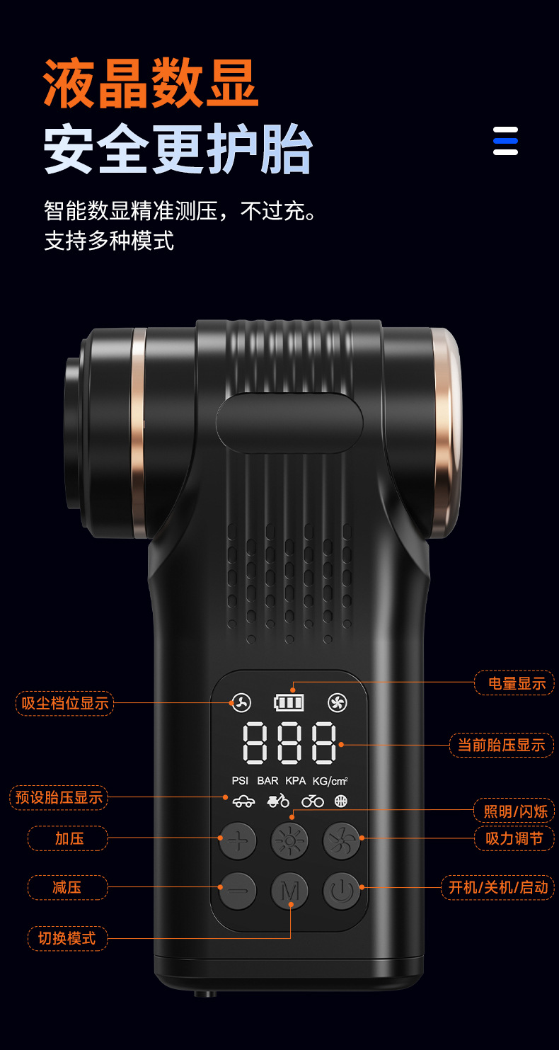Cross-Border Multifunctional Car Vacuum Cleaner and Air Pump, Outdoor Emergency Tire Inflator, Smart Digital Display Handheld Vacuum Cleaner