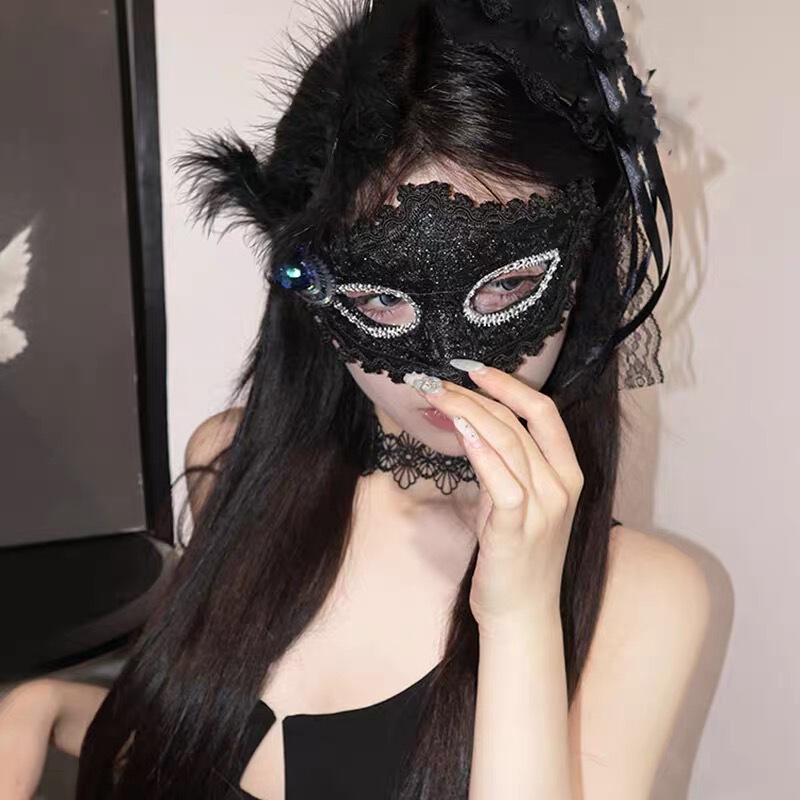 假日化妆舞会公主面具女成人派对半脸面具白色羽毛半脸眼罩道具|undefined