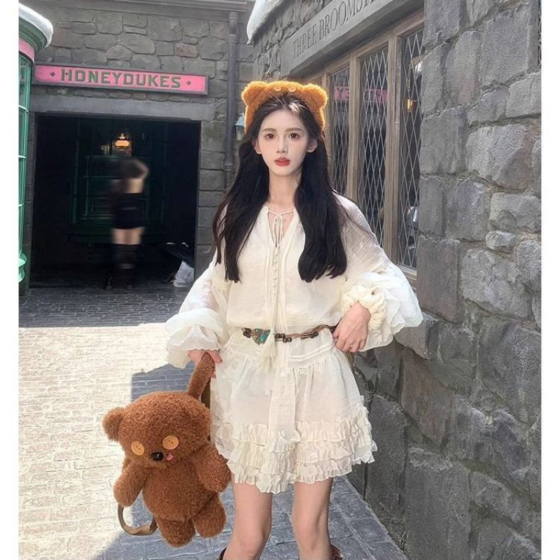 白色一颗甜桃逃跑计划连衣裙长袖新款灯笼袖显瘦春夏短裙女|undefined