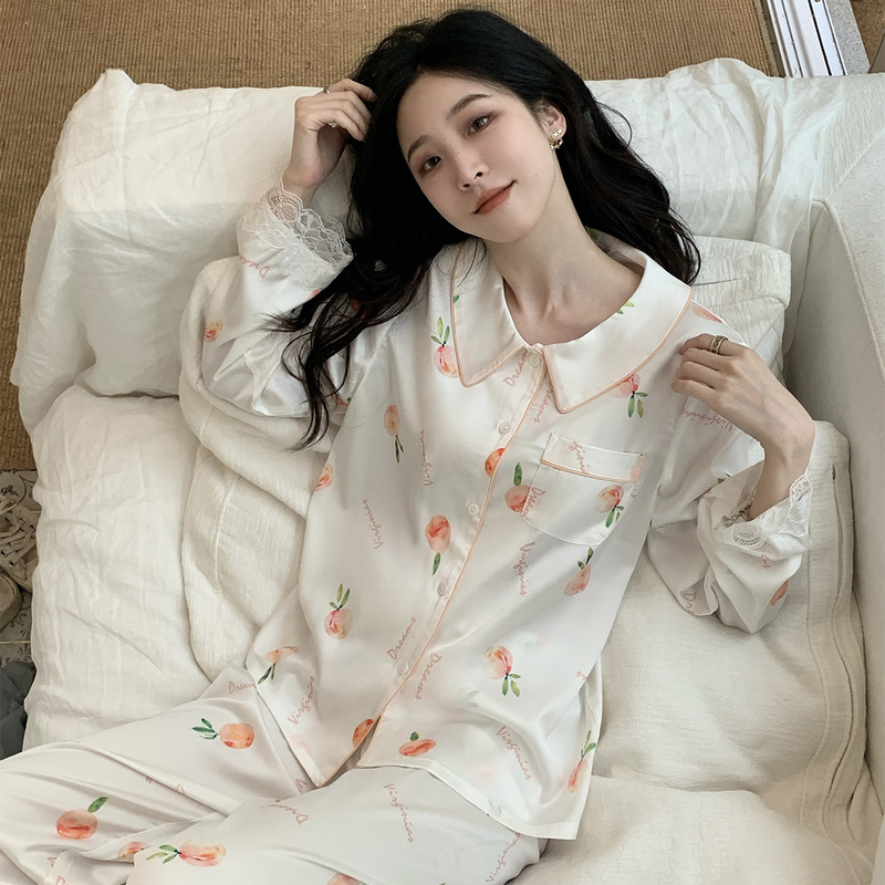 2023 new peach pink ice silk pajamas women's long-sleeved trousers doll collar satin printed home wear spring and autumn summer