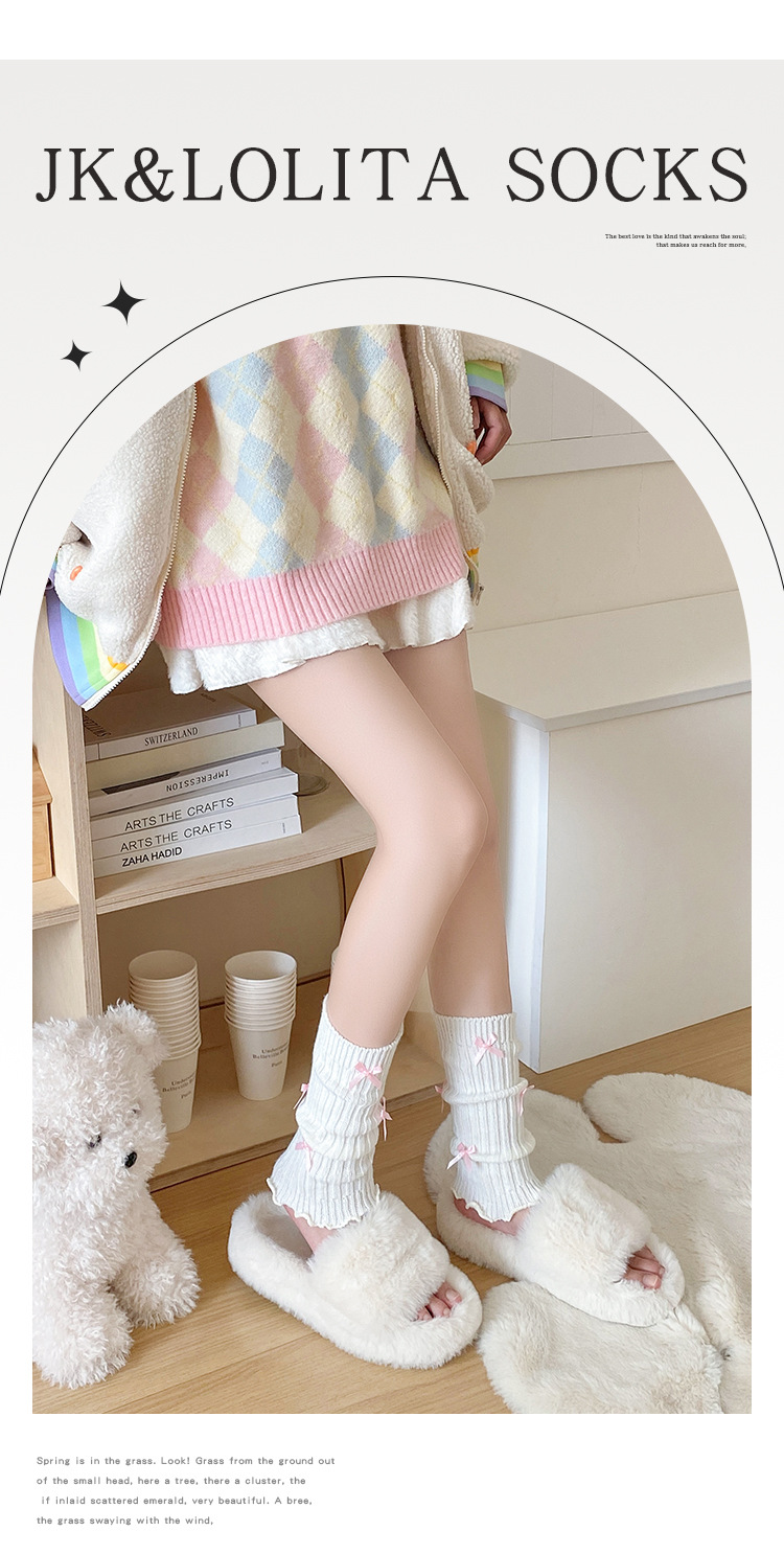 Scaldamuscoli Calzini in cotone per donna Calzini in pile lavorato a maglia Primavera e autunno Leggings bianchi autunnali e invernali con fiocco a tubo medio_voghion.com