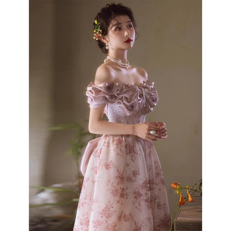 Francia retro vestido de brindis 2025 nuevo vestido de compromiso de banquete lujoso ligero nicho una chaqueta de hombro mujer
