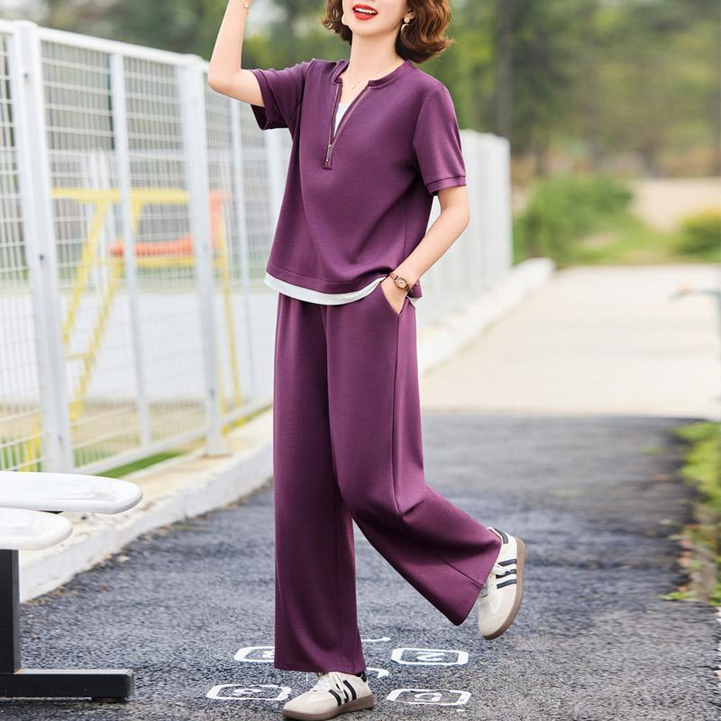 年轻妈妈夏装休闲运动服套装2025新款中年女装时尚短袖T恤两件套|undefined
