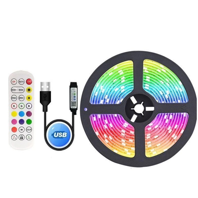LED-лента RGB 5050, USB 5V низкое напряжение, синхронизация музыкой через Bluetooth, варианты длины/плотности