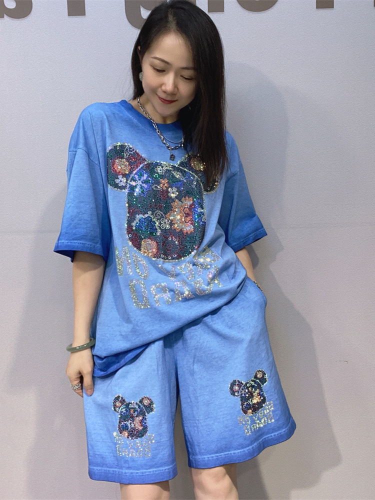 Europa y los Estados Unidos de comercio exterior de verano nuevo color gradiente pantalones cortos de manga corta juego casual camiseta de diamante caliente grande dos piezas