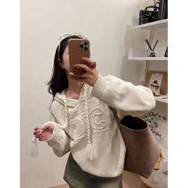 现货时尚休闲麻花辫连帽毛衣女秋冬新款慵懒针织衫
