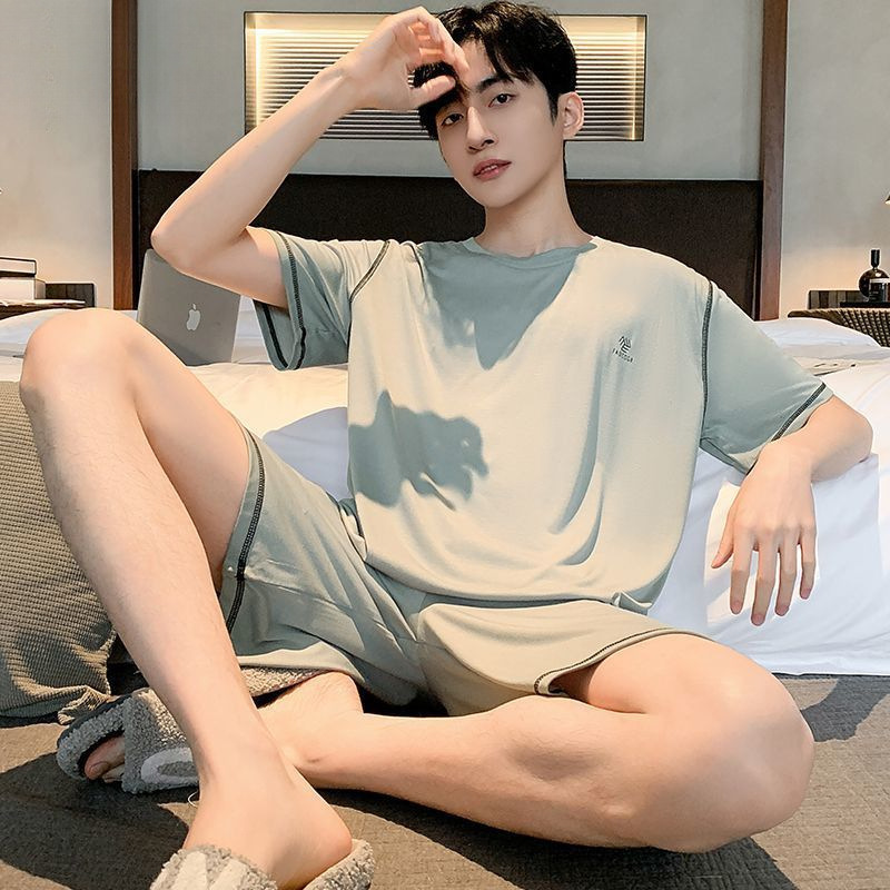 남성 잠옷 여름 반팔 모달 아이스 실크 얇은 플러스 사이즈 캐주얼 심플 여름 남성 홈웨어 세트