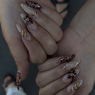 Foreign Trade Autumn and Winter Leopard Wear Armor Three-dimensional Gold-plated Manicure Handmade False Nail Pieces European and American Almond Nail Pieces