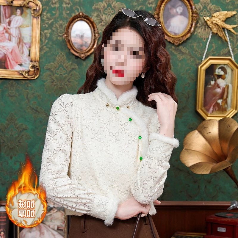 Fleece retro shirt, long-sleeve, demi-season cheongsam