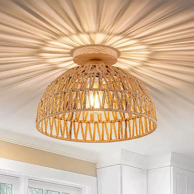 跨境美式乡村工业风过道客厅餐厅卧室书房复古编织笼子藤艺吸顶灯