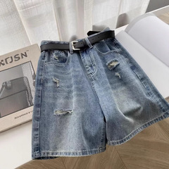 女性用リップドデニムショートパンツ2025春夏新作ファットガールスリムストレートミッドパンツハイウエスト5点ホットパンツ