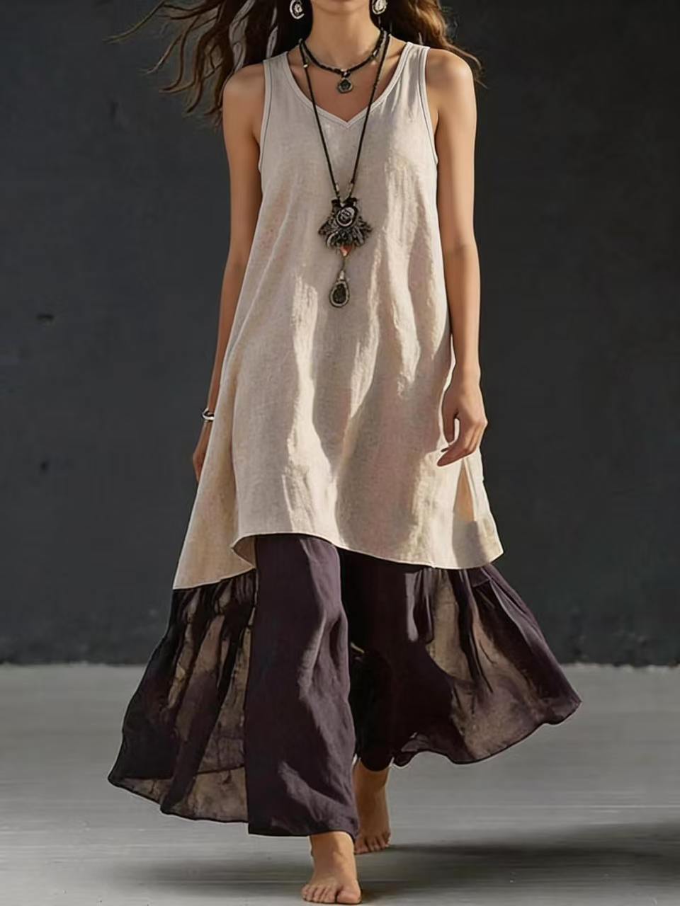 Europa y los Estados Unidos primavera y verano transfronterizos temu color sólido vestido largo suelto sin mangas V-collar chaleco casual vestido de mujer