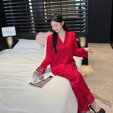 新款睡衣结婚新婚情侣套装高档冰丝长袖红色丝绸春秋女男家居服薄