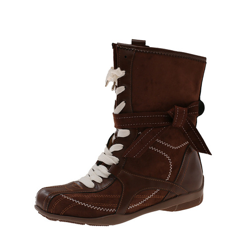 2025 Fall New Niche Design Sensibility Inner Heel Lift Women's Versatile Color Block Laced Boxing Boots Fashion Boots