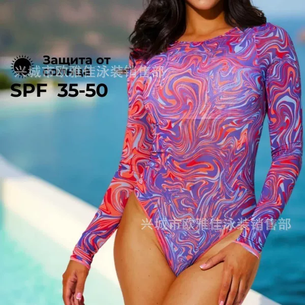 Russian Sexy Mesh Printed One-Piece Bikini Long-Sleeved Sun Protection Swimsuit for Women