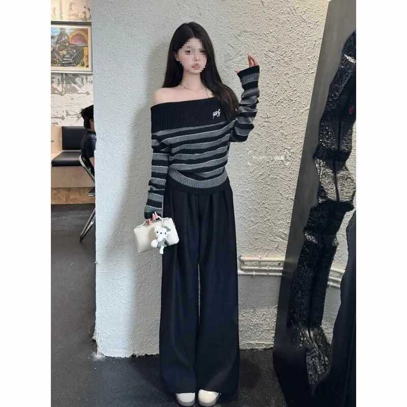 条纹一字肩露肩针织长袖女2025秋冬新款巨好看设计感纯欲风上衣潮|undefined