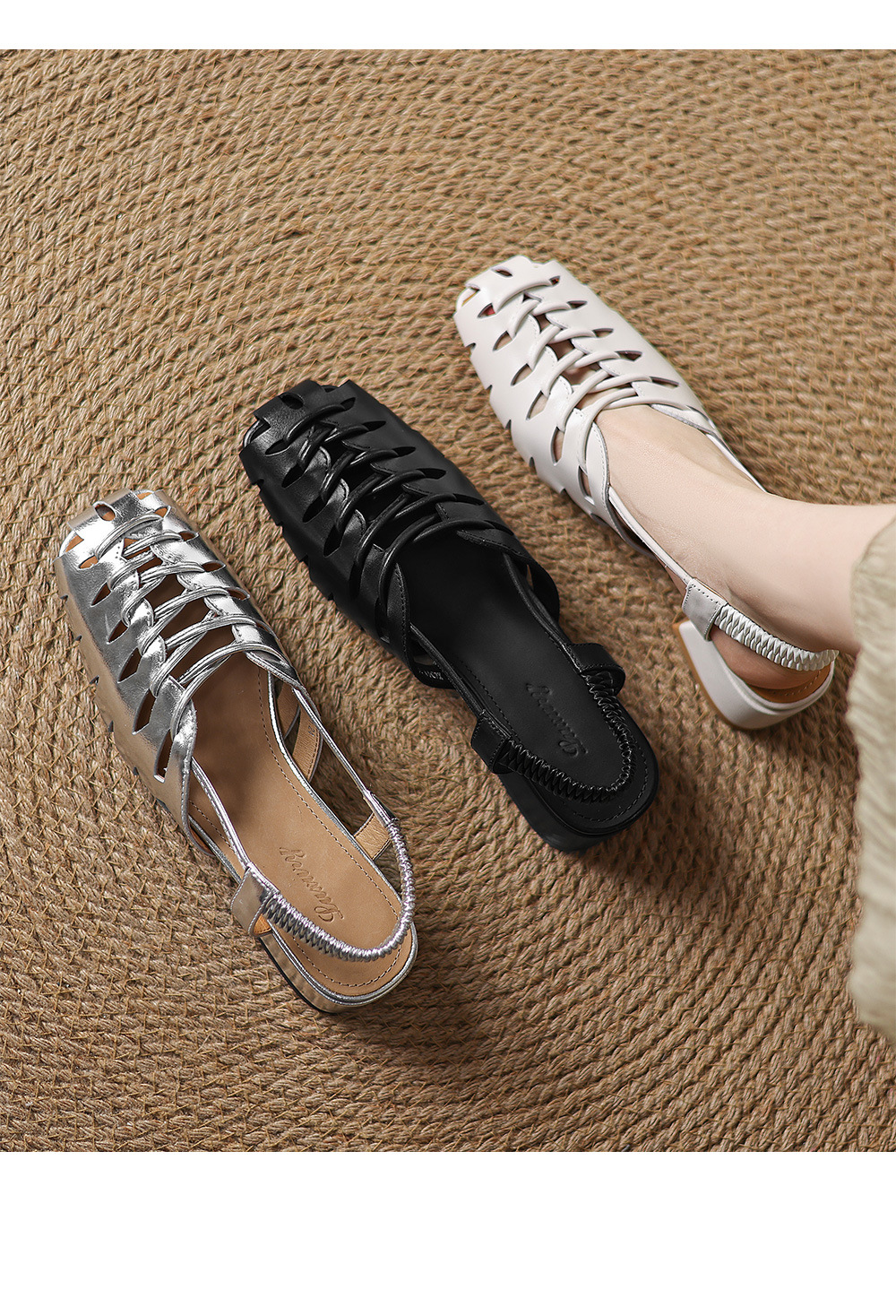 Dép sandal nữ da cừu bện mũi kiểu Pháp, gót thấp, quai chữ V đa năng — đen chi tiết 1