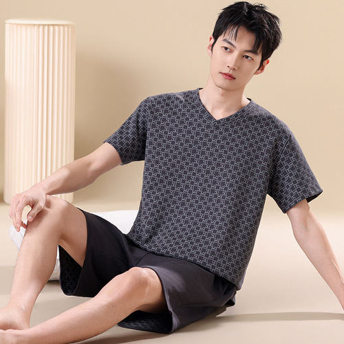 Men's Summer Short Sleeve Pajama Set, Wearable Outside, Plus Size Shorts, Teenager Plus Size Men's Home Clothes, Loose and Simple