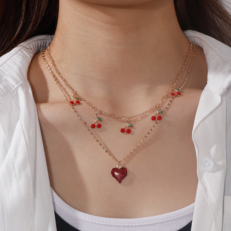 Europe And The United States Jewelry Simple Alloy Necklace Cherry Love Pendant Necklace Suit Temperament Peach Heart Necklace