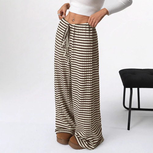 Women's Autumn/Winter 2025 European Casual Striped Solid Color Elastic Rope Cotton Straight Leg Pants