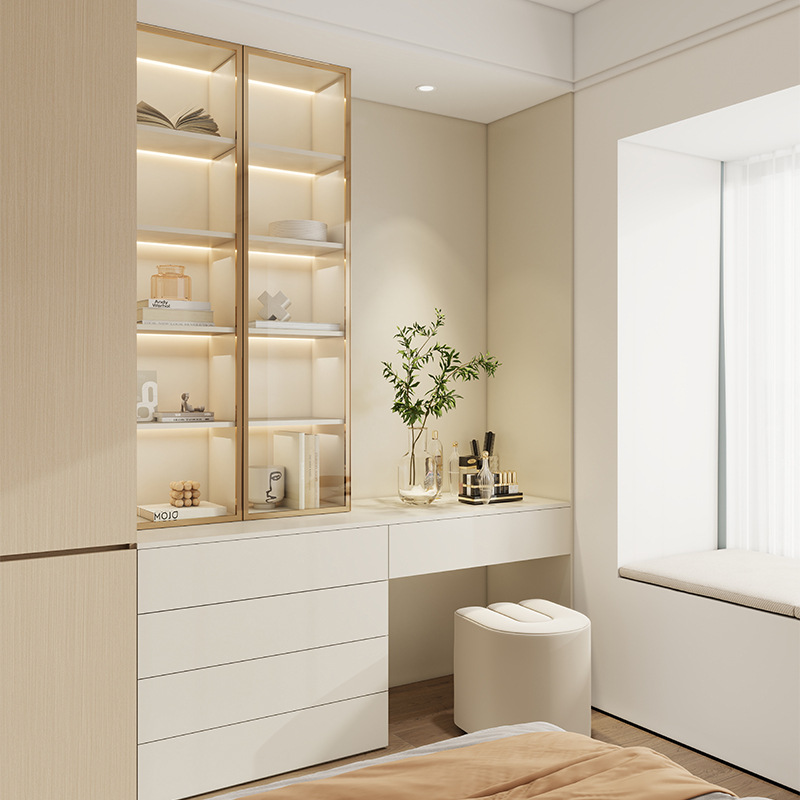 Dormitorio principal armario de madera maciza con armario de vidrio Changhong crema blanca 5 armario de maquillaje armario nuevo armario de piso