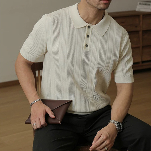 Polo camiseta de punto camiseta de manga corta hombre solapa rayas huecas viejas camisetas de negocios de verano fábrica transfronteriza al por mayor