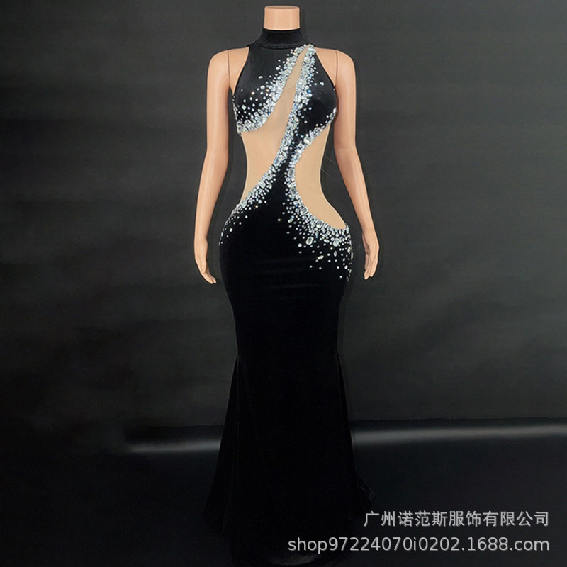 European and American Style Black Velvet Temperament Nude Hip-Hugging Fishtail Skirt Adult Model Catwalk Fashion Annual Party Dress