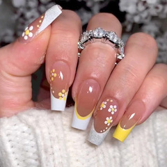 Mid-to-Long Ballet Nails Simple Sparkling French Light Yellow Floral Beauty Nail Artificial Nails Women's Specific Nail Art Sheets
