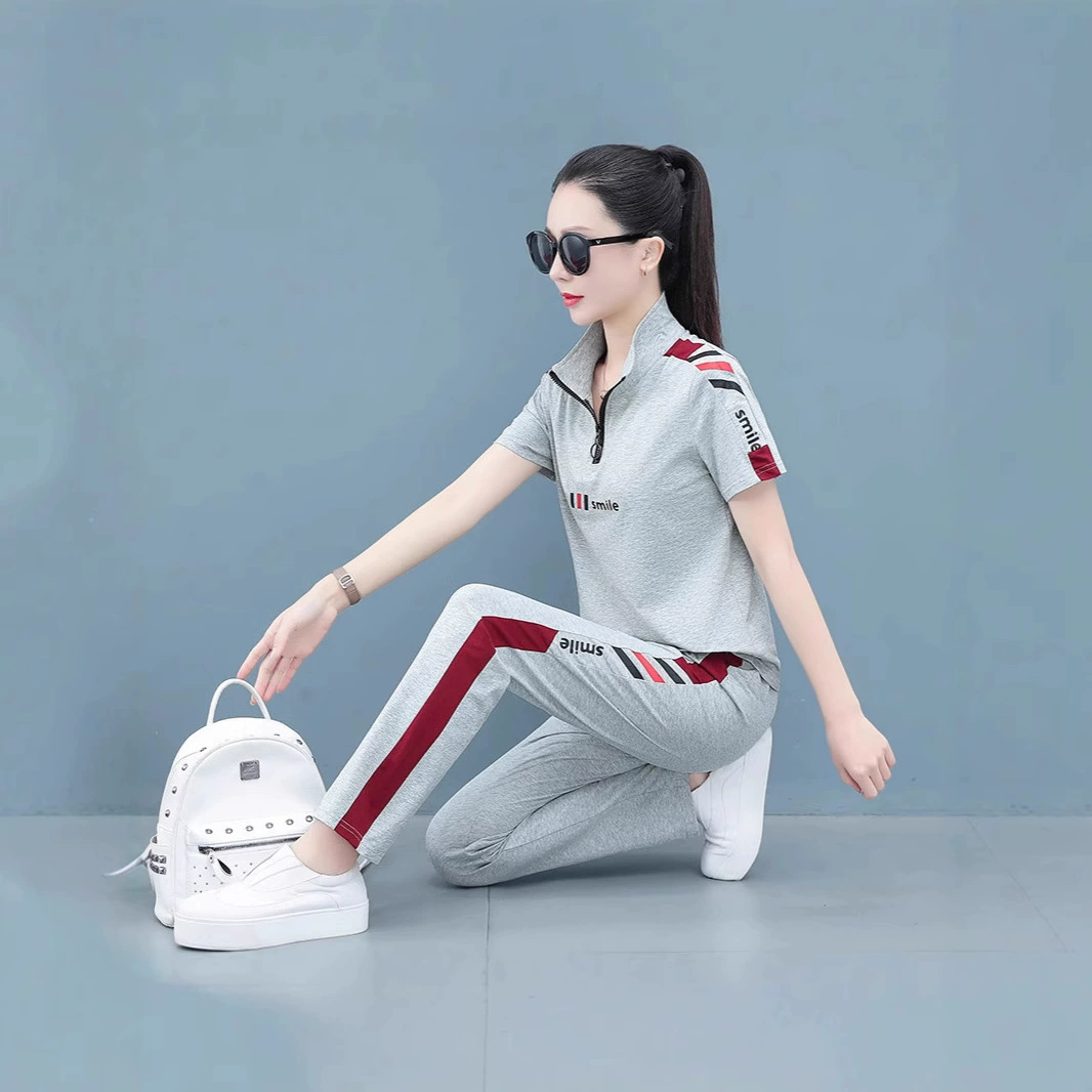 2025 новый спортивный костюм из чистого хлопка с короткими рукавами, женский летний свободный повседневный костюм в корейском стиле, комплект из двух предметов с воротником-стойкой
