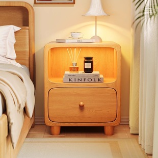 Solid Wood Bedside Table Small Bedroom Children's Cream Style Bedside Cabinet Smart Bedside Storage Rack Storage Cabinet