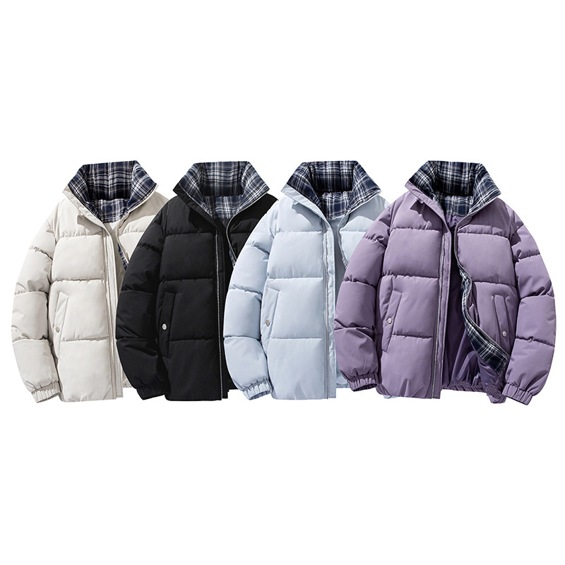 Padded Plaid Jacket With Stand-up Collar For Men And Women_voghion.com