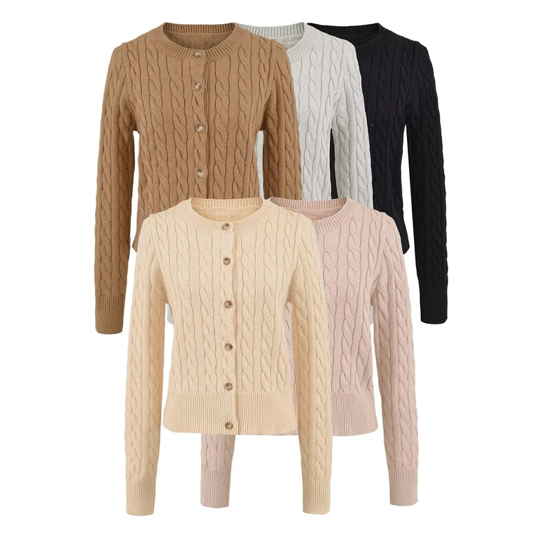 Gentle Style Retro Thick Hemp Round Neck Knitted Short Cardigan Lazy Sweater Slim Fit Inner Jacket