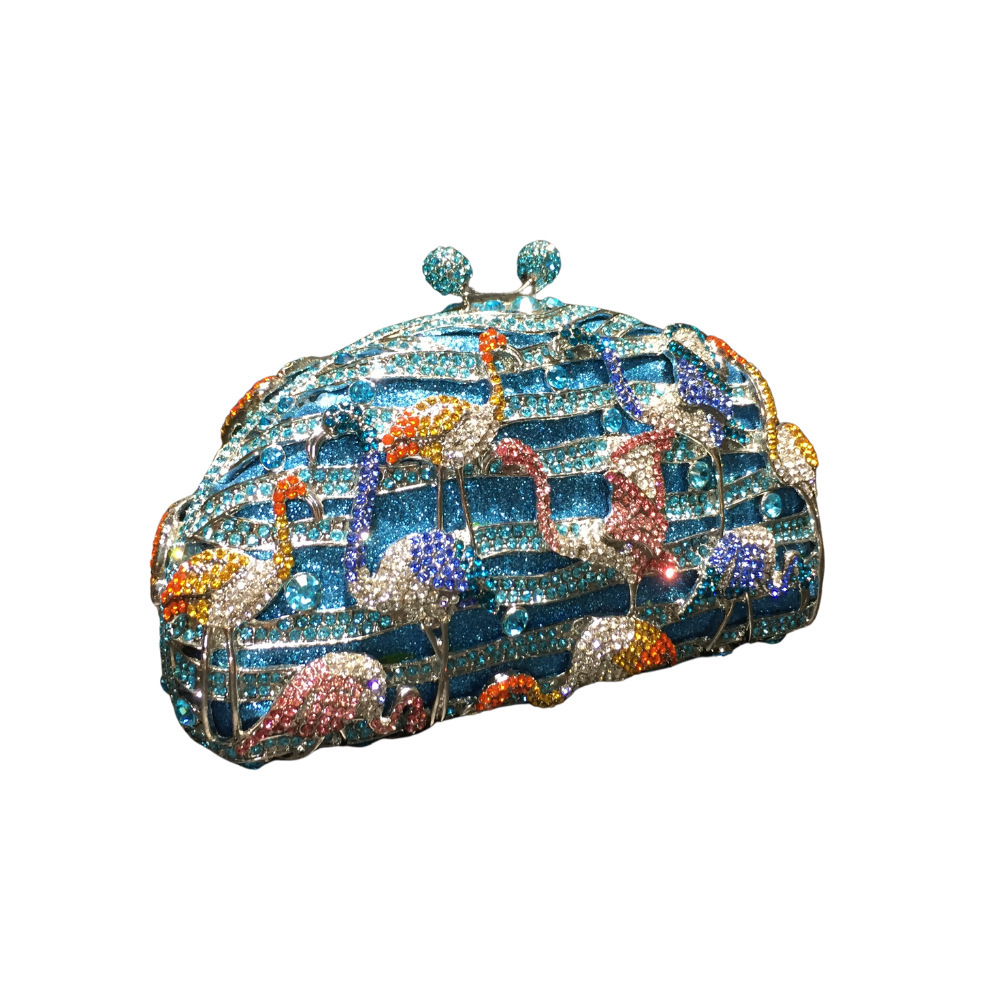 Nuevo paquete de diamante de flamenco transfronterizo bolsas de cena de animales bolsas tridimensionales europeas y estadounidenses bolsas de mano de diamante llenas de embrague n