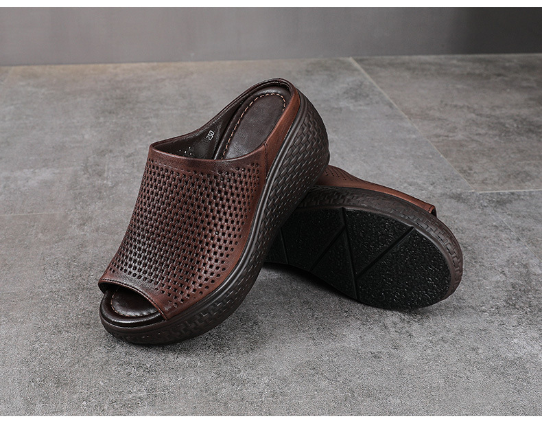 Dép sandal nữ quai chữ V đơn giản, đế xuồng cao, da bò thật, mũi hở — màu nâu chi tiết 11