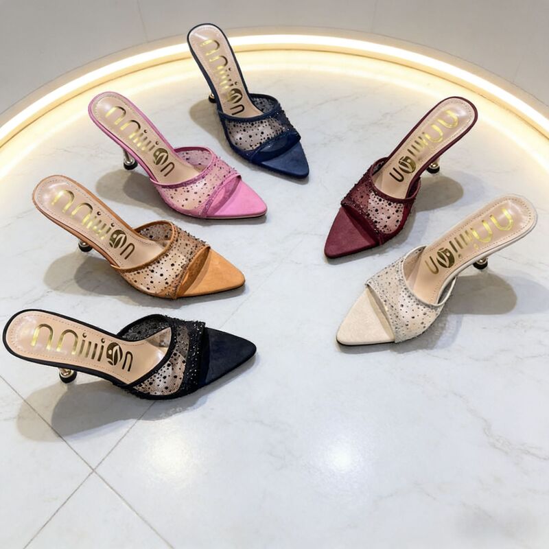 High-Heeled Slip-On Women's Shoes with Rhinestones, Pointed Toe, Breathable Mesh, African High-Heeled Women's Slippers, Fashion Trend