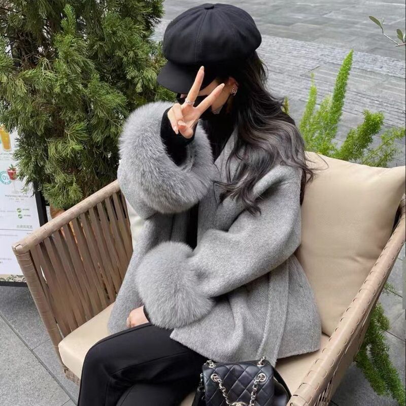 Autumn and Winter new high-end double-sided cashmere coat women's short small detachable fox fur elegant woolen coat