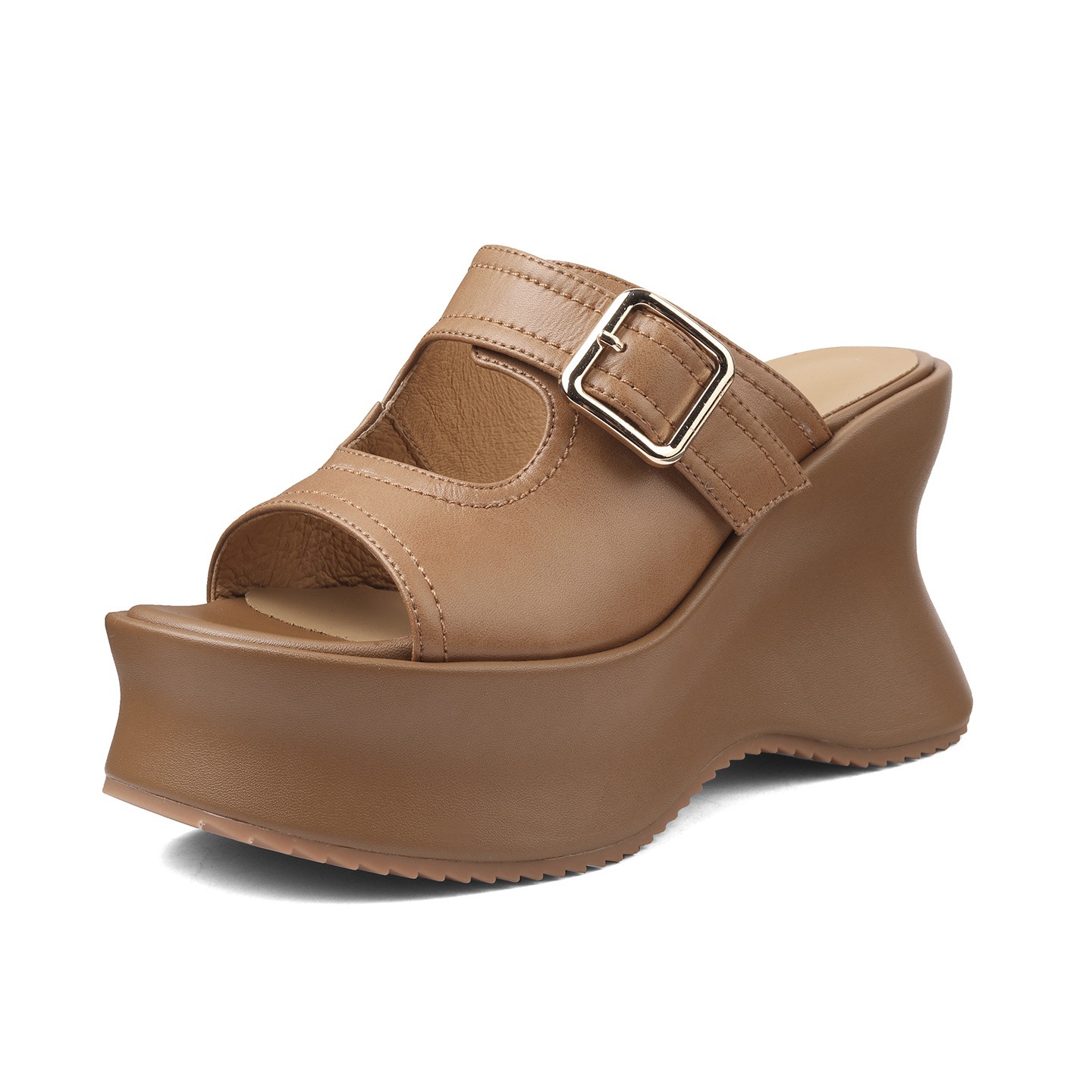 Sandal hở mũi nữ đế xuồng cao gót 9 cm quai ngang khóa móc da bò — màu nâu