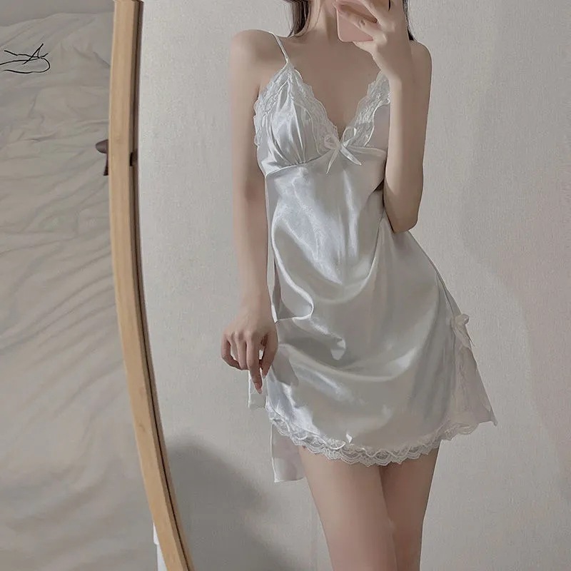 2026 verano vestido de pijama de mujer cojín de pecho sexy pijama de cuello en V encaje seducción de seda imitación ropa para el hogar