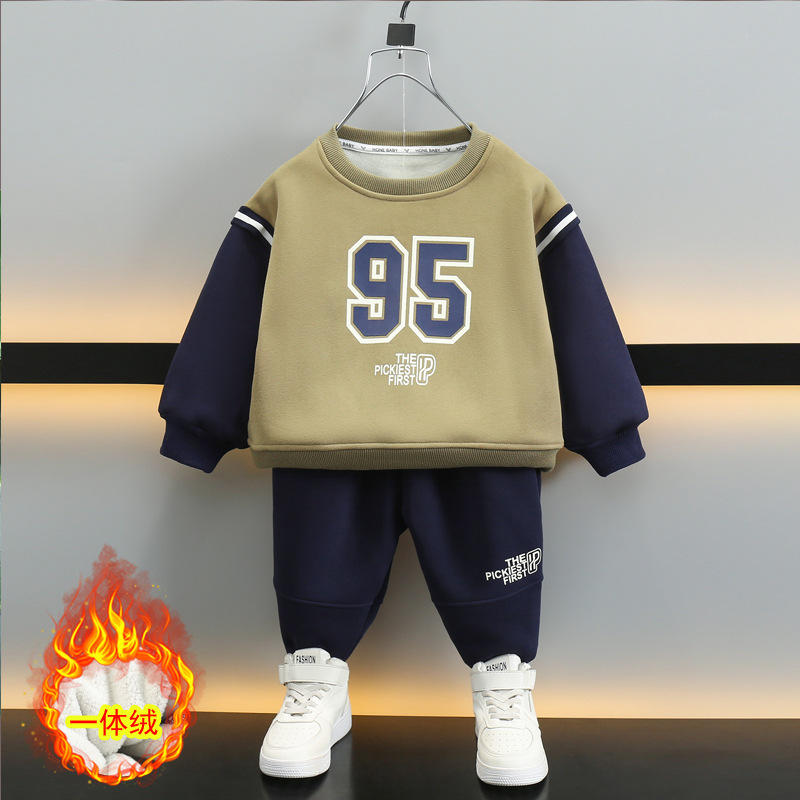 6662 traje de otoño e invierno para niños 2025 nueva ropa para niños más terciopelo engrosamiento de dos piezas ropa deportiva de invierno para hombres