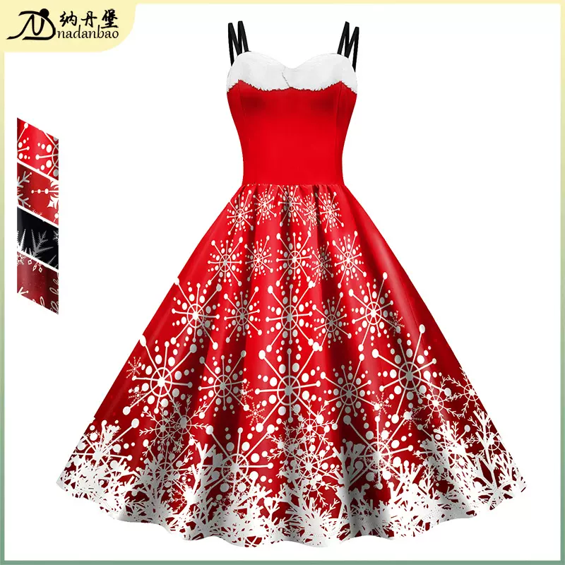 圣诞节裙子2024欧美跨境新品雪花数码印花连衣裙女吊带女式休闲裙