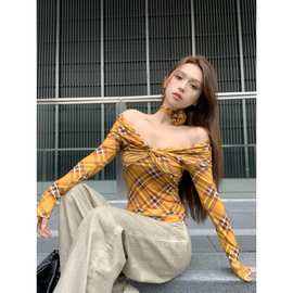 2024优雅复古格子交叉早春打底衫女