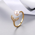 韩版海豚鱼尾戒指女气质个性时尚锆石珍珠指环戒指空托成品批发