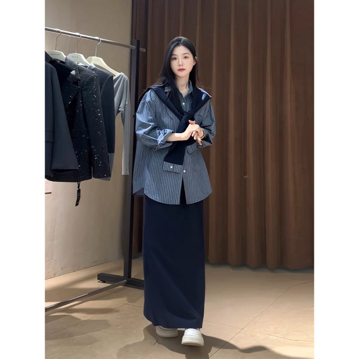 大码秋季韩系洋气时尚显瘦三件套半身裙披肩衬衫套装女胖mm240斤|undefined