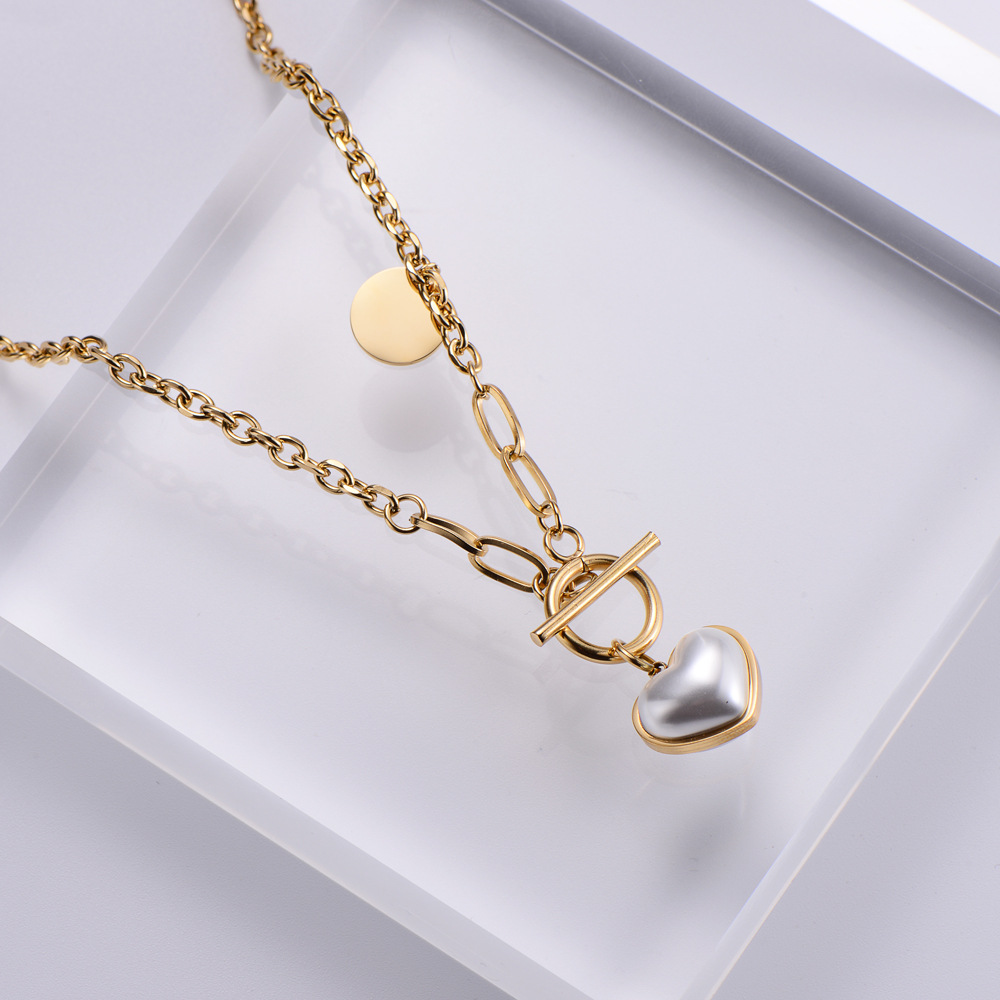 Simple Contrast Color Stainless Steel OT Chain Heart-Shaped Pearl Pendant Necklace