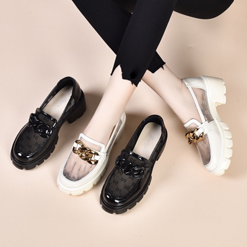 Giày sneaker nữ đế dày mũi tròn phối lưới da thật — Màu đen
