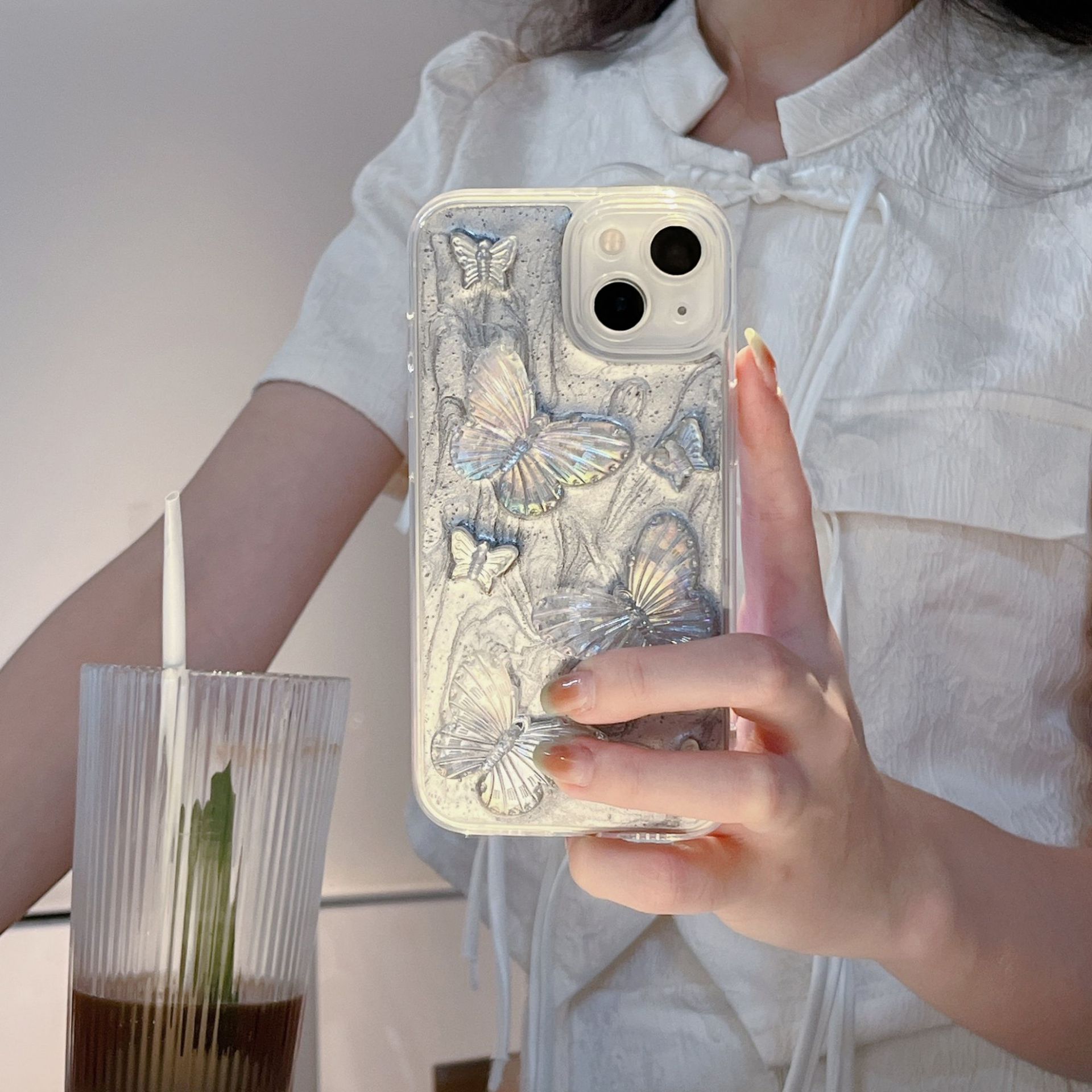 New Drip Glue Suitable for Apple 14 Phone Girl iPhone 13 Silver Grey Butterfly Fall Protection Case Creative XR_voghion.com