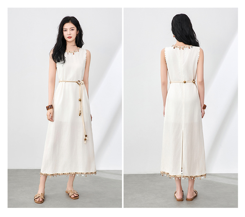 Đầm maxi nữ không tay phong cách Bohemian chất liệu linen tencel phối tua rua — Màu kaki chi tiết 14